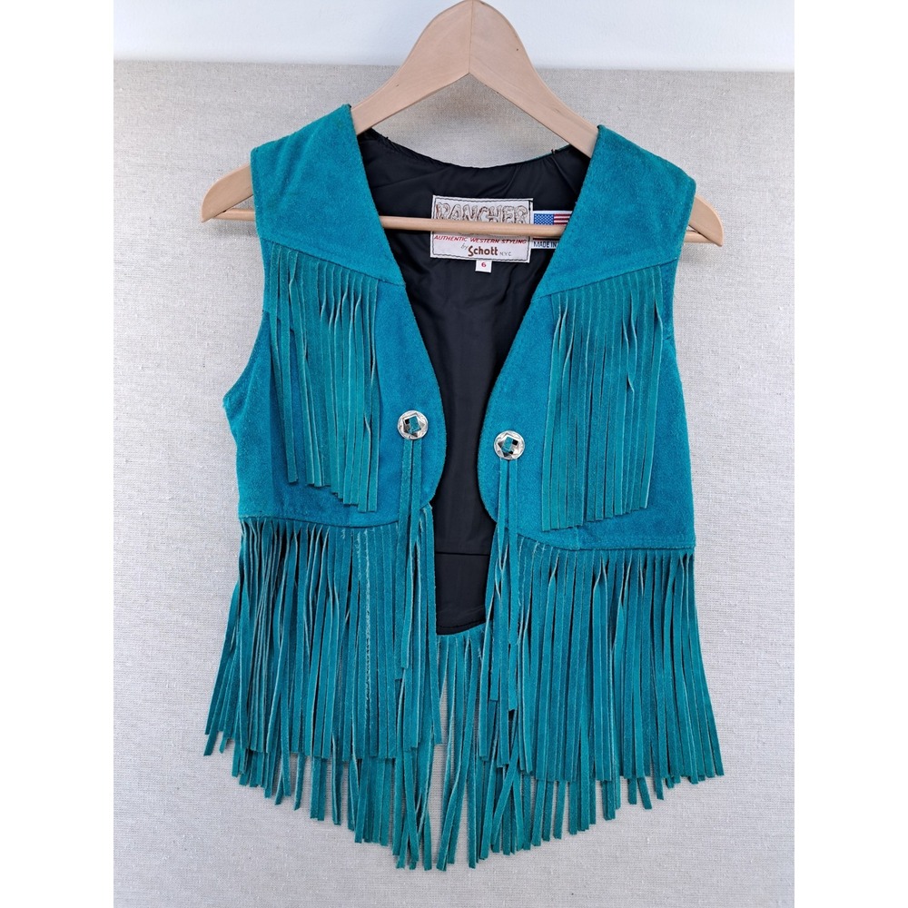 Schott Rancher Leather Vest Womens 6 Blue Suede Fringe Western Hippy Concho USA